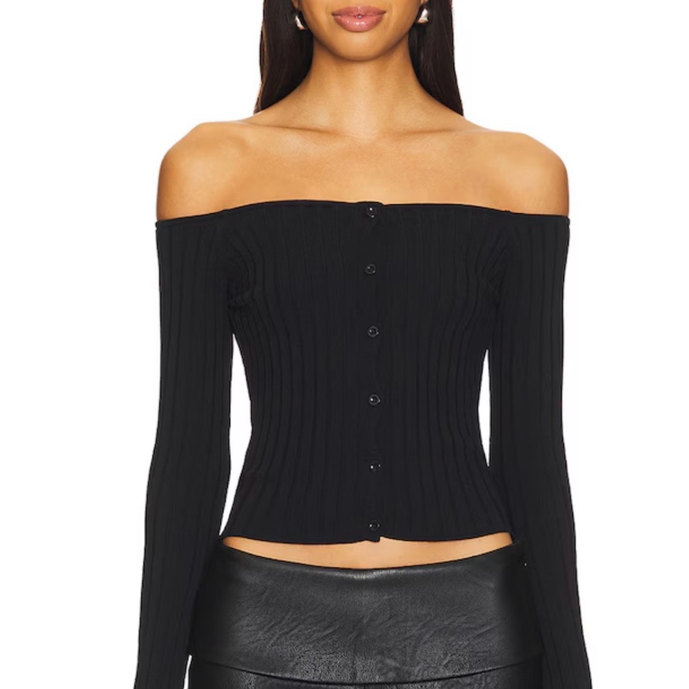 Superdown Calypso Top in Black ribbed cropped long sleeve top Sz M Revolve